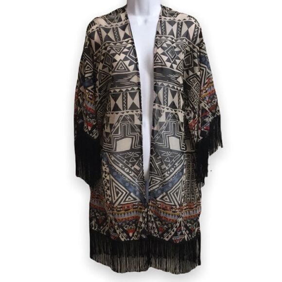 Angie Tops - Boho Sheer Multicolor Tribal Pattern Open Front Kimono with Tassels Size M
